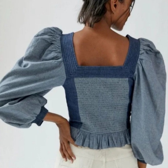 HP 🎉 Love The Label Anthropologie Smocked Puff Sleeve XXS P Blue Chevron Denim - Picture 3 of 10